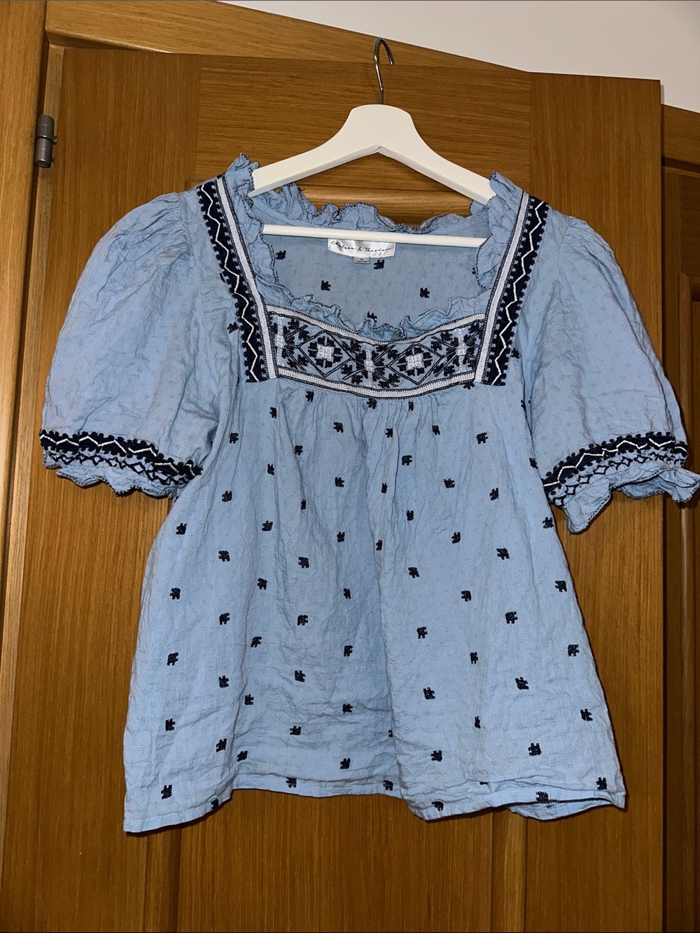Chelsea & Theodore Light Blue Embroidered Peasant Blouse